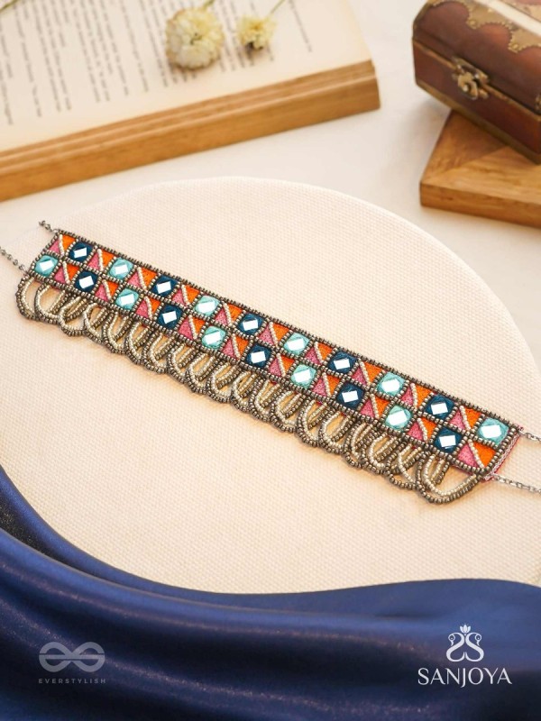 Dyupatha - The Sky Horizon - Mirror And Beads Hand Embroidered Oxidised Neckpiece