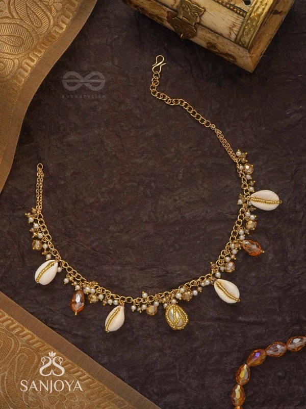 Astrta - Ivory Snowdrops -  Beads, Shells And Glass Drop Hand Embroidered Neckpiece