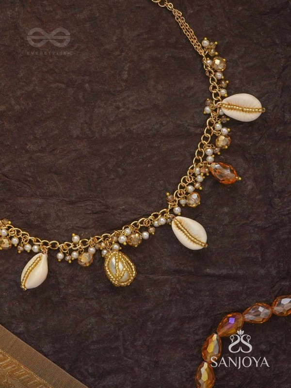 Astrta - Ivory Snowdrops -  Beads, Shells And Glass Drop Hand Embroidered Neckpiece