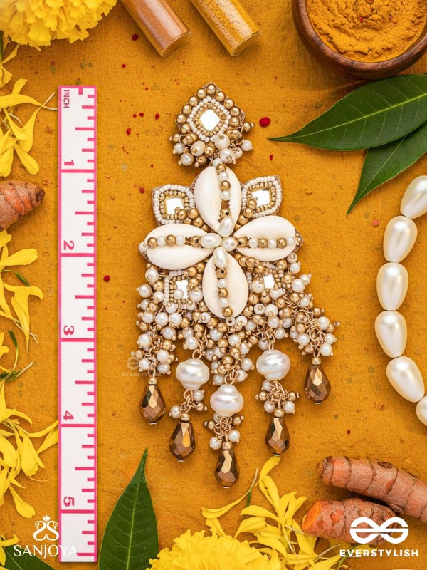Sambuka- The Golden Snowflakes - Beads, Shells And Glass Drop Hand Embroidered Earrings