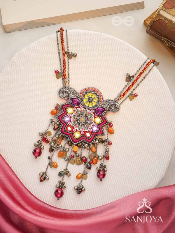 Ucchvasita - The Royal Bloom - Stones, Mirror And Beads Hand Embroidered Oxidized Neckpiece