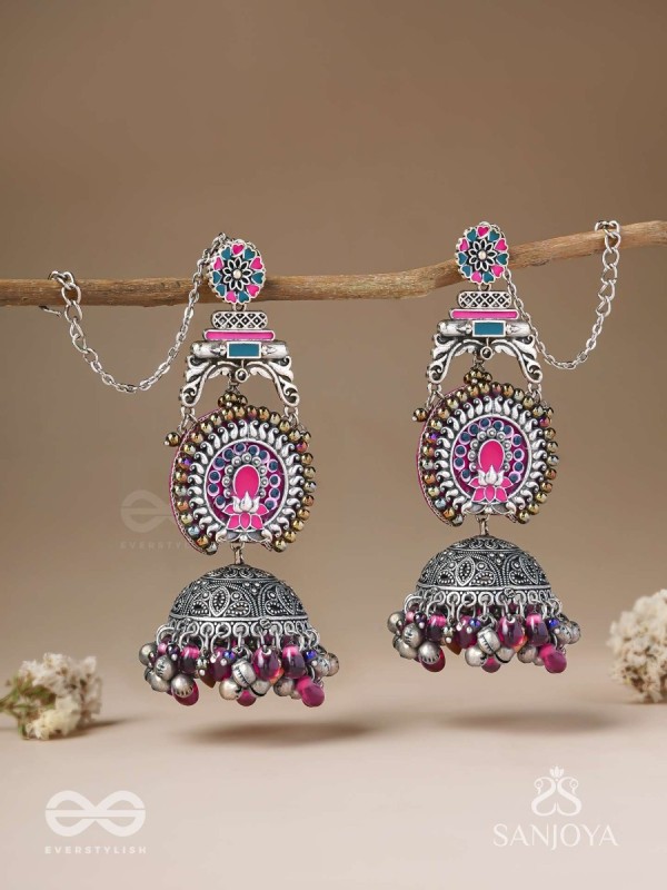 Anikini - The Lotus Manifestation- Enamelled Oxidised Chain Jhumka Earrings