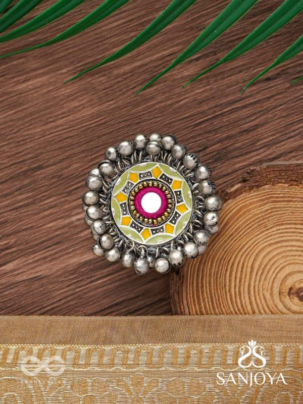Ekatala - The Colorful Melody - Mirror And Beads Hand Embroidered Enamelled Oxidised Ring