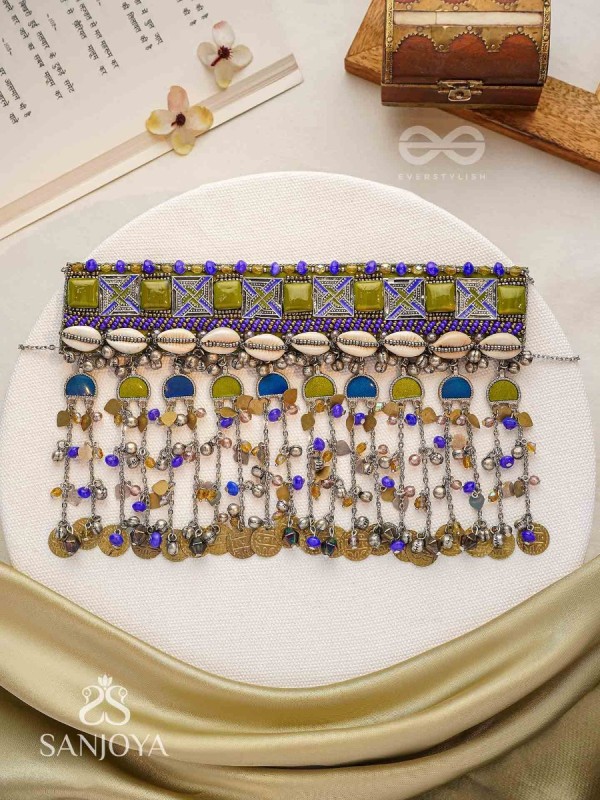 Bhumimaye - The Earthy Cadence - Shells, Beads And Coins Enamelled Hand Embroidered Oxidised Choker Neckpiece