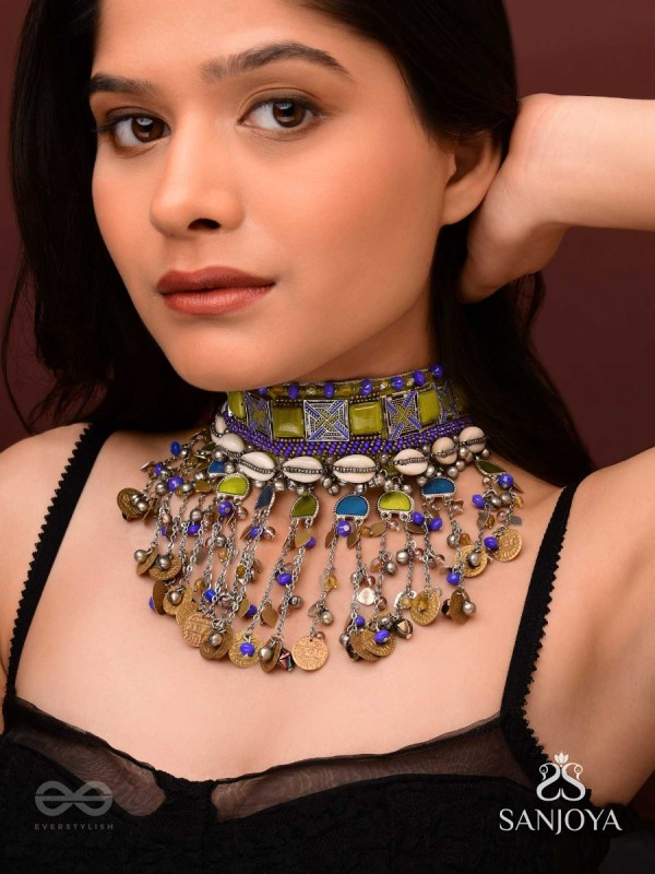 Bhumimaye - The Earthy Cadence - Shells, Beads And Coins Enamelled Hand Embroidered Oxidised Choker Neckpiece