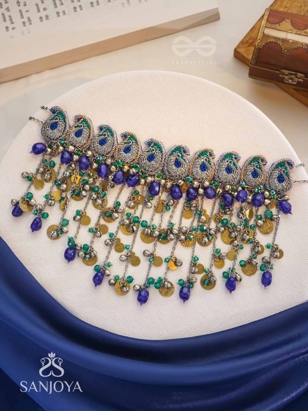 Saikhina - The Drizzling Dance - Glass Beads And Coins Hand Embroidered Oxidised Neckpiece