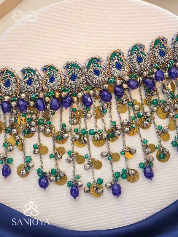 Saikhina - The Drizzling Dance - Glass Beads And Coins Hand Embroidered Oxidised Neckpiece