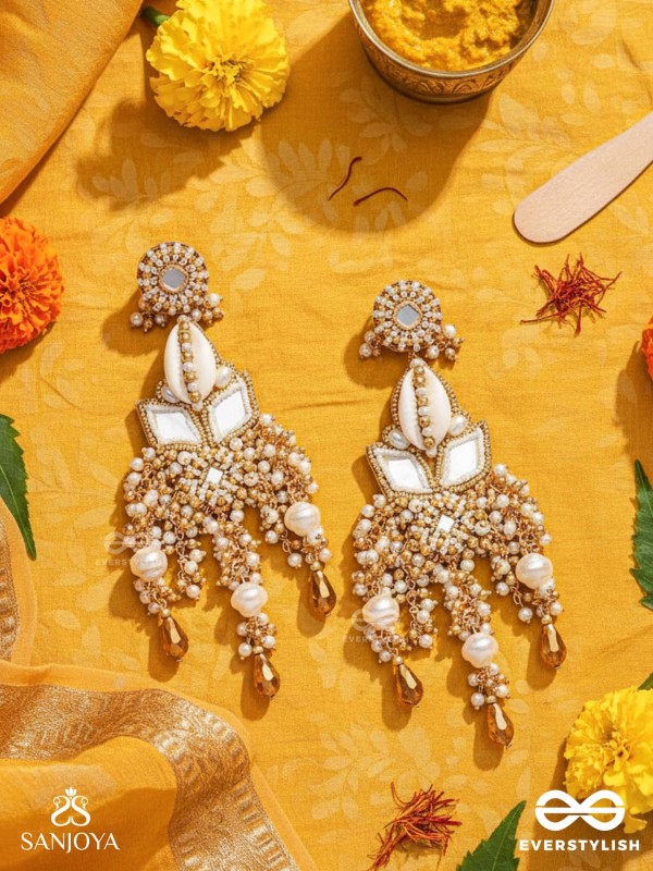 Sahasra - Golden Waves Whisper- Beads, Shells And Glass Drop Hand Embroidered Earrings