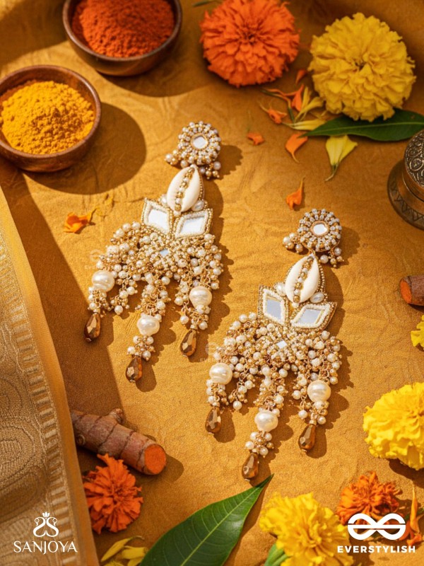 Sahasra - Golden Waves Whisper- Beads, Shells And Glass Drop Hand Embroidered Earrings