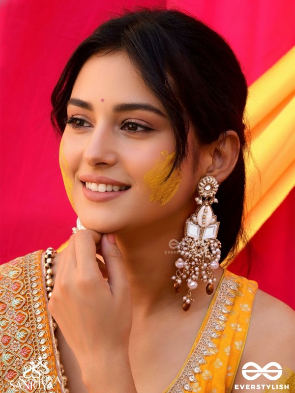 Sahasra - Golden Waves Whisper- Beads, Shells And Glass Drop Hand Embroidered Earrings