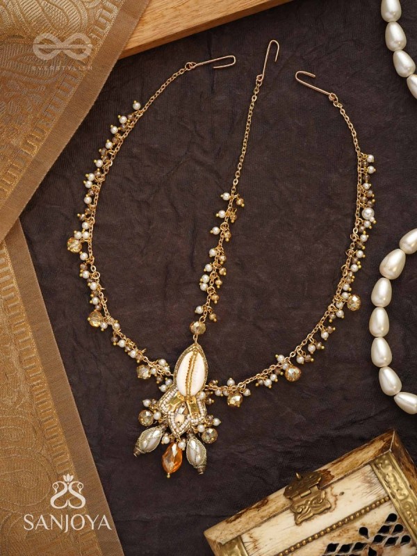 Daksayanina - Champagne Frost - Beads, Shells And Glass Drops Hand Embroidered Maangtika
