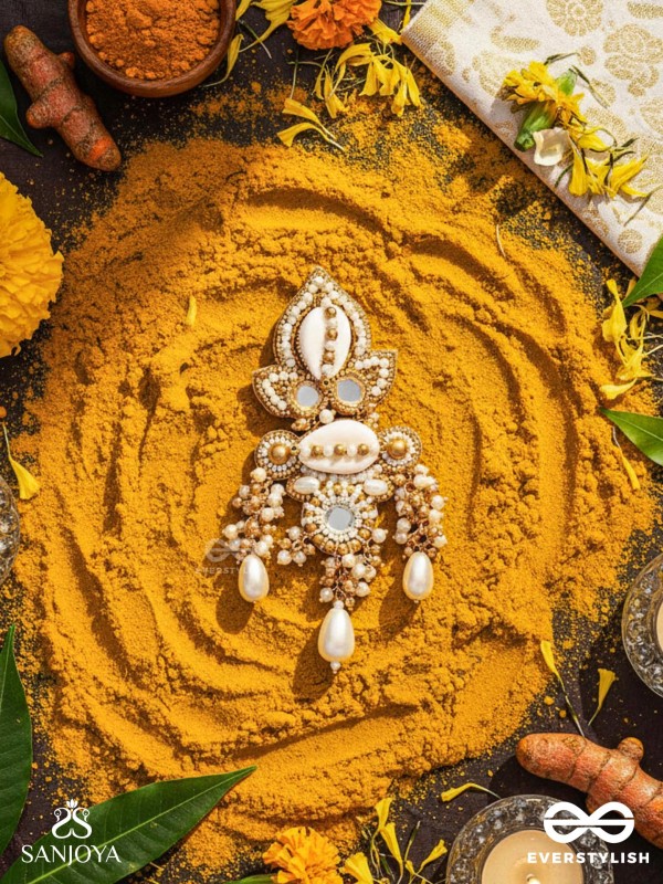 Savitra - Frosty Lily - Beads, Shells And Pearl Drops Hand Embroidered Earrings