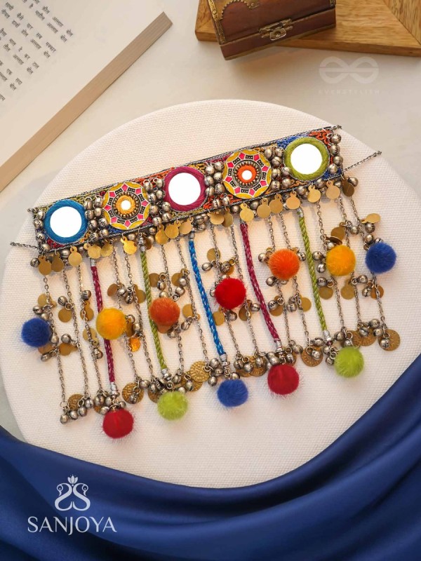 Varnaih - The Shades Of Life - Mirror, Beads And Coins Hand Embroidered Oxidised Neckpiece