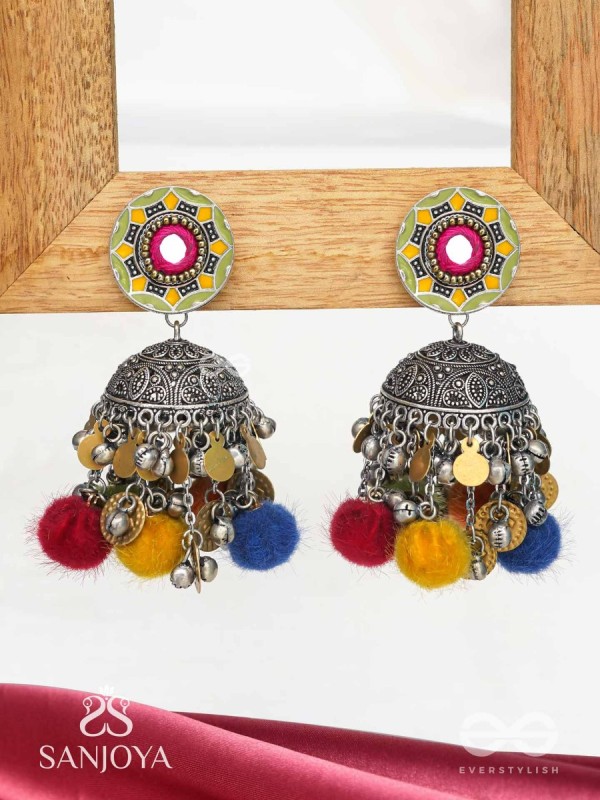 Asusama - Hues Of Happiness - Mirror And Coins Hand Embroidered Oxidised Jhumka Earrings