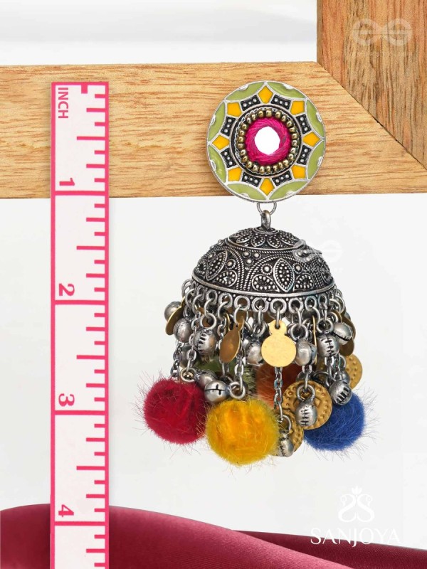 Asusama - Hues Of Happiness - Mirror And Coins Hand Embroidered Oxidised Jhumka Earrings