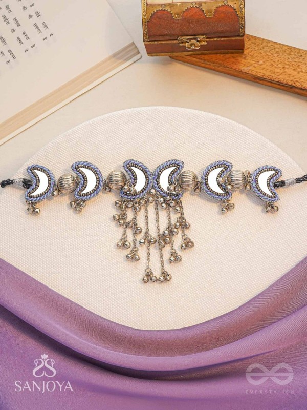 Ashvattha - The Blue Moon Night - Mirrors, Beads And Resham Hand Embroidered Oxidised Choker Neckpiece 