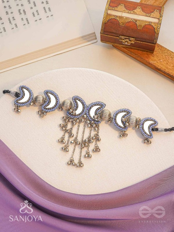 Ashvattha - The Blue Moon Night - Mirrors, Beads And Resham Hand Embroidered Oxidised Choker Neckpiece 