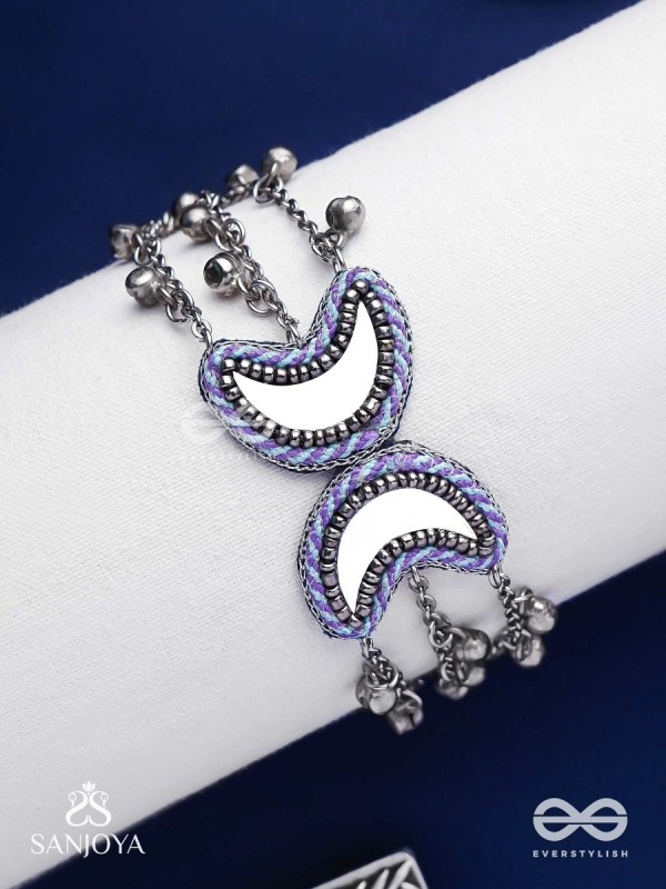 Chandrasalokya - The Lunar Twins - Mirrors, Resham And Beads Hand Embroidered Oxidised Bracelet