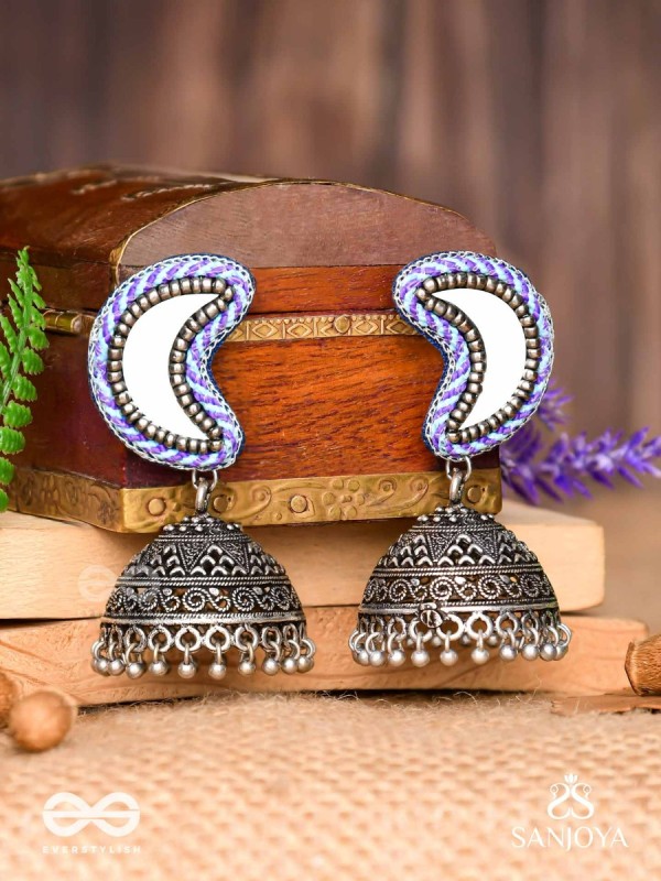 Shashikhand - The Crescent Reflectors - Mirror, Resham And Beads Hand Embroidered Oxidised Jhumka Earrings
