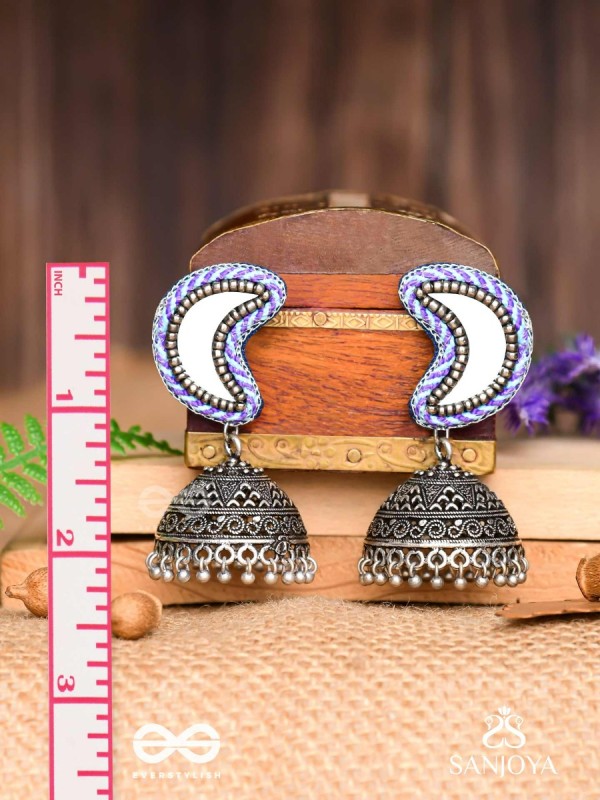 Shashikhand - The Crescent Reflectors - Mirror, Resham And Beads Hand Embroidered Oxidised Jhumka Earrings