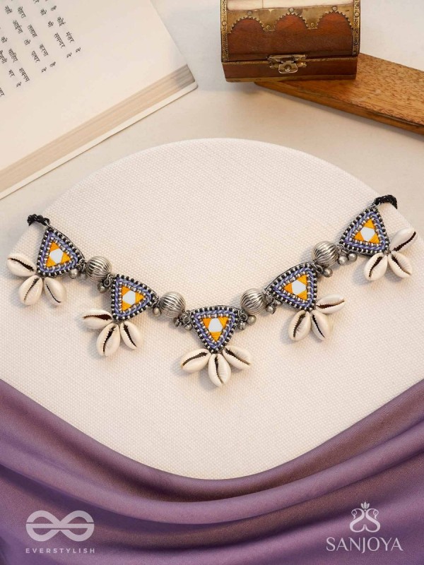 Shanakhya - The Prismy Shells - Mirrors, Shells, Resham And Beads Hand Embroidered Oxidised Choker Neckpiece
