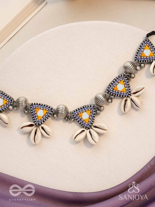 Shanakhya - The Prismy Shells - Mirrors, Shells, Resham And Beads Hand Embroidered Oxidised Choker Neckpiece