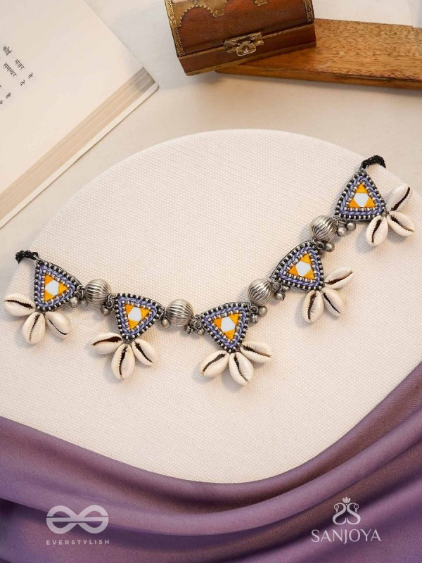 Shanakhya - The Prismy Shells - Mirrors, Shells, Resham And Beads Hand Embroidered Oxidised Choker Neckpiece
