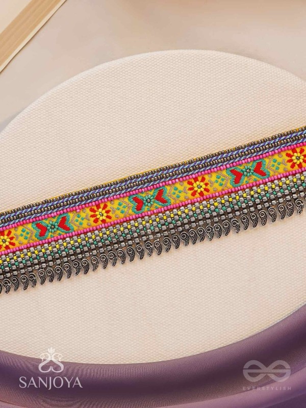 Aatpavat - The Sunlit Field - Resham And Beads Hand Embroidered Oxidised Lace Choker Neckpiece