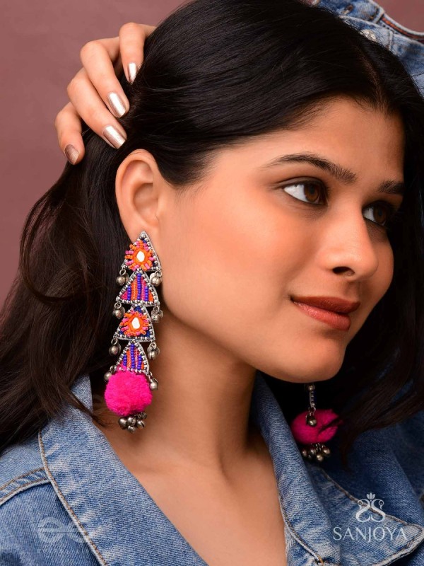 Ucchraya - The Melodic Treasures - Mirror, Resham And Beads Hand Embroidered Oxidised Earrings