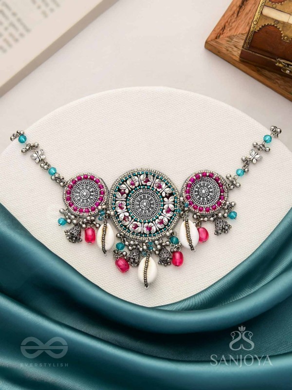 Akratu- The Wheels Of Liberty- Shells, Beads And Glass Drops Hand Embroidered Oxidised Choker Neckpiece