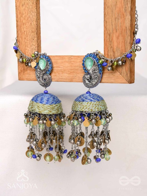 Anugita - Song Of The Sky - Stone, Coins And Beads Hand Embroidered Oxidised Earrings