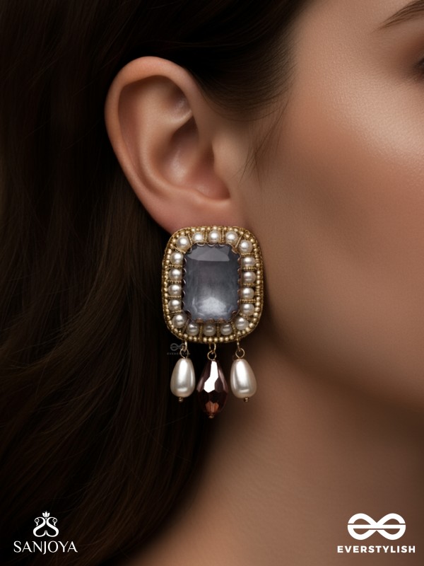 Dhumraruk - The Lavender Love- Stone, Beads, Glass And Pearl Drops Hand Embroidered Earrings