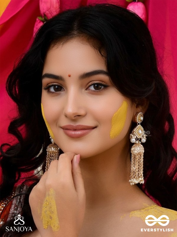 Tolaka - Seashell Mirage - Beads, Kundan And Polki Finished Hand Embroidered Earrings