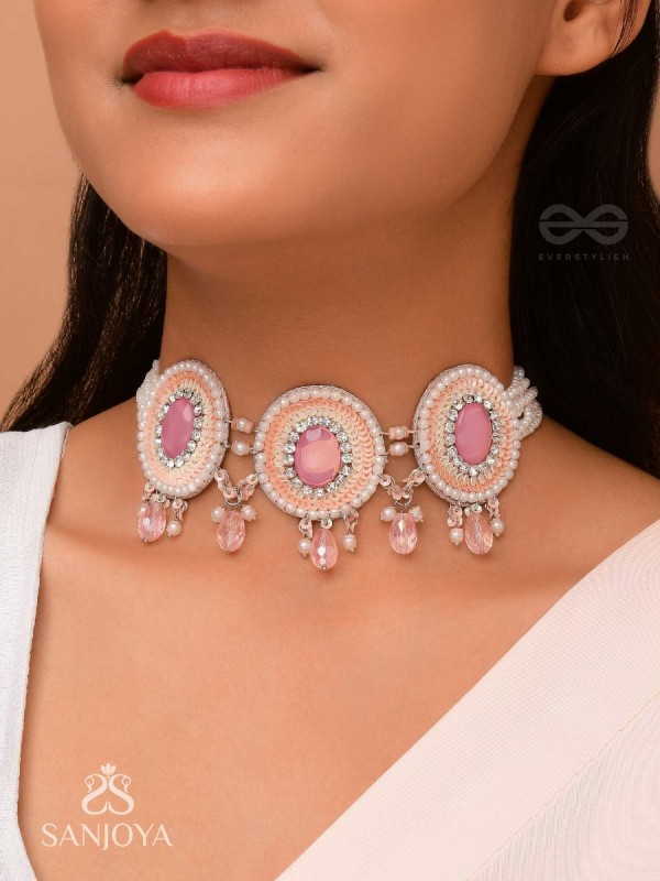 Nishru - Life In Spring - Stones, Glass Drops And Beads Hand Embroidered Neckpiece