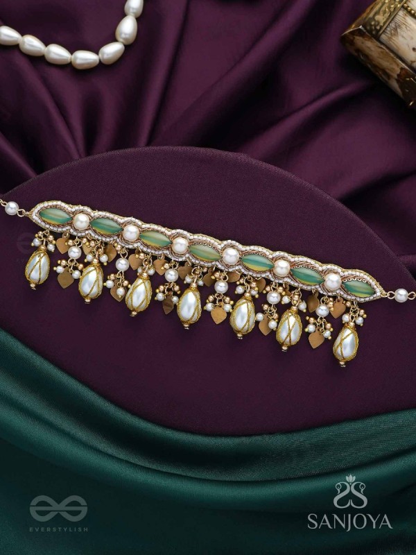 Haridvarna - Gilded Meadow Finery - Pearls, Stones And Beads Hand Embroidered Neckpiece