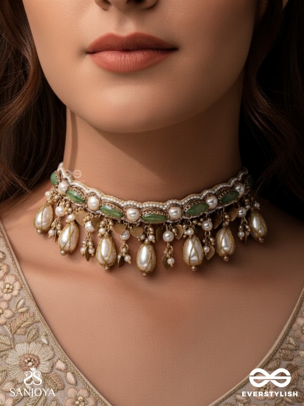 Haridvarna - Gilded Meadow Finery - Pearls, Stones And Beads Hand Embroidered Neckpiece