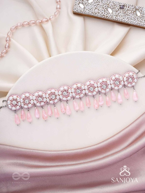 Aravindini - The Love Rose - Stone, Beads And Glass Drops Hand Embroidered Neckpiece
