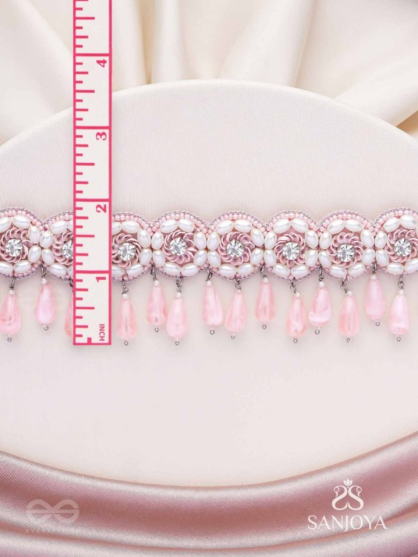 Aravindini - The Love Rose - Stone, Beads And Glass Drops Hand Embroidered Neckpiece