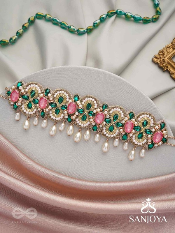 Nalikini - The Emerald Bloom - Stone, Beads And Pearl Drops Hand Embroidered Neckpiece