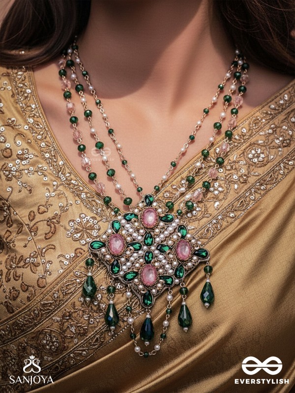 Grismapushpi - Blossoming In Summer - Stone, Beads, Pearls And Glass Drops Hand Embroidered Neckpiece