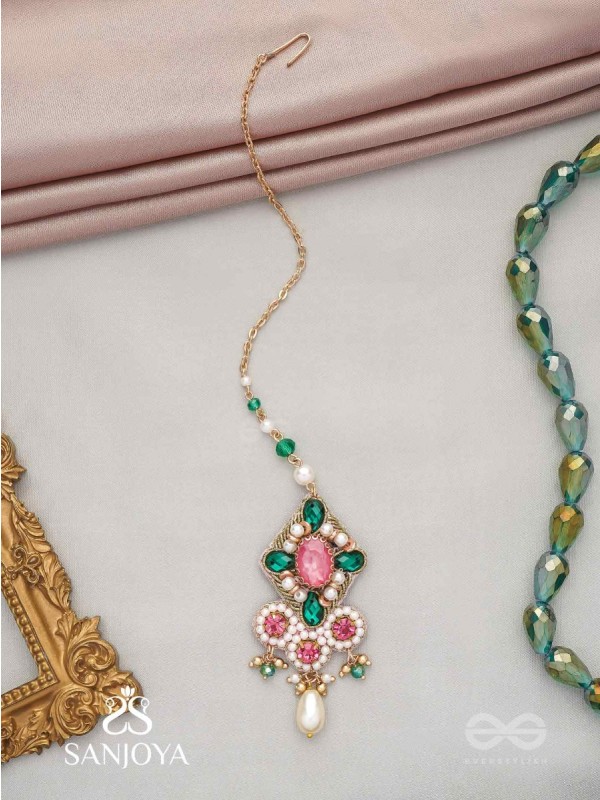 Tamravarna - The Paradise Petals - Stone, Beads And Pearls Hand Embroidered Maangtika