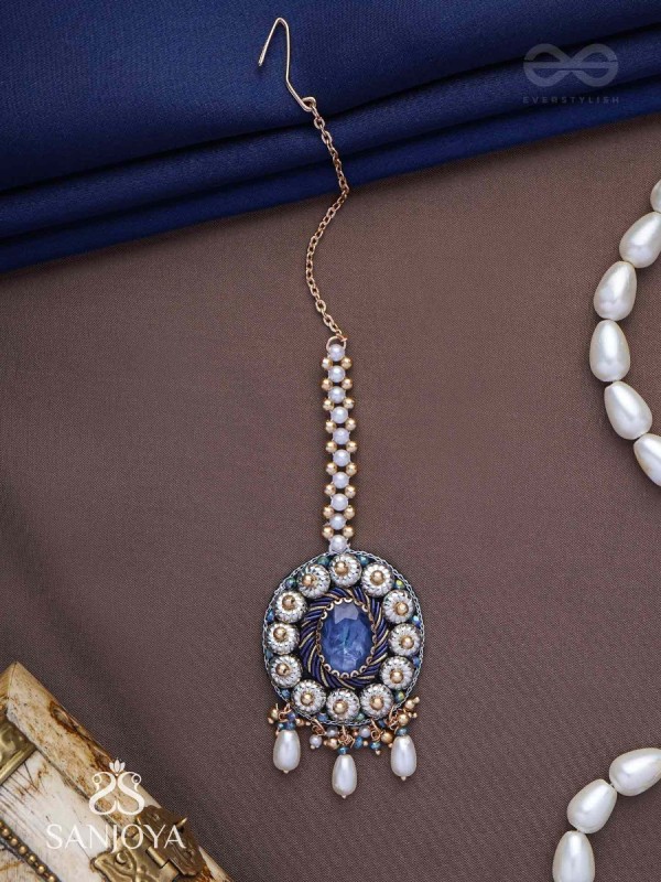 Adhilokam- The Neptune Goddess- Stone, Beads And Pearl Drops Hand Embroidered Maangtika