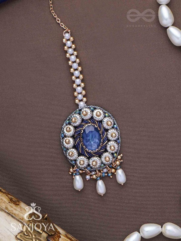 Adhilokam- The Neptune Goddess- Stone, Beads And Pearl Drops Hand Embroidered Maangtika