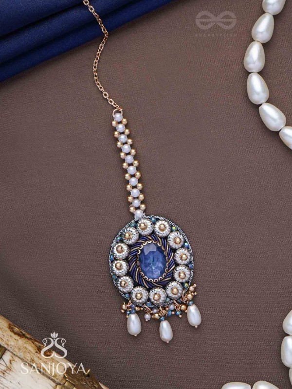 Adhilokam- The Neptune Goddess- Stone, Beads And Pearl Drops Hand Embroidered Maangtika