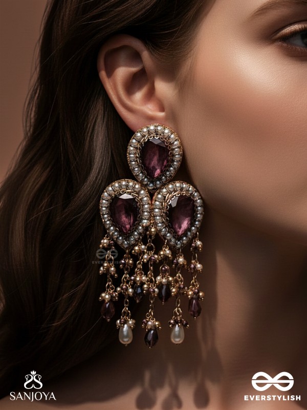 Anukrus - The Rosy Rain - Stone And Beads Hand Embroidered Earrings