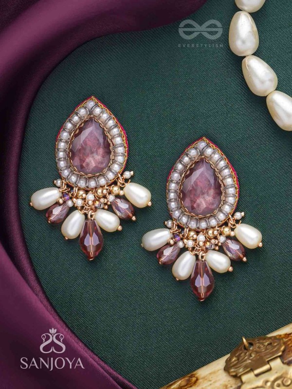 Atyala - The Rosy Raindrop - Stone, Beads And Glass Drop Hand Embroidered Earrings
