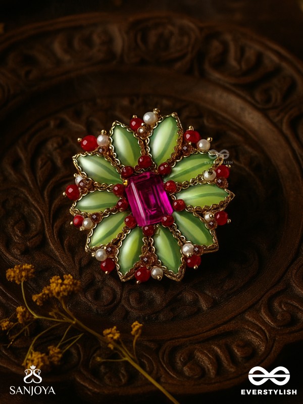 Ardramanjari - The Fresh Bloom - Stones And Beads Hand Embroidered Ring (Adjustable)
