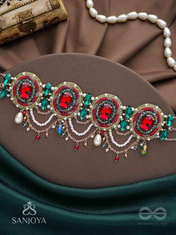 Upakarana - Royal Ruby Rainfall - Stone, Beads And Glass Drops Hand Embroidered  Choker Neckpiece