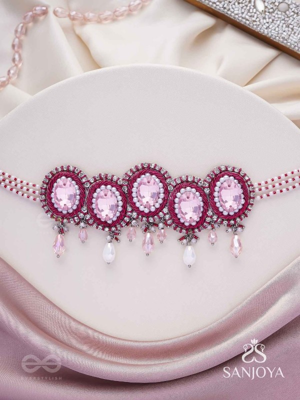 Udagat - Blushing Rose - Stone, Beads And Glass Drops Hand Embroidered Neckpiece