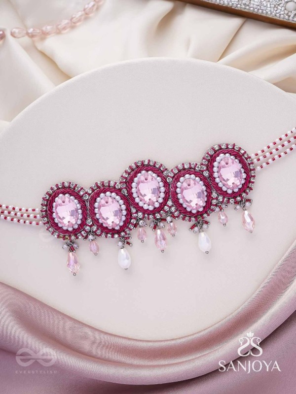 Udagat - Blushing Rose - Stone, Beads And Glass Drops Hand Embroidered Neckpiece